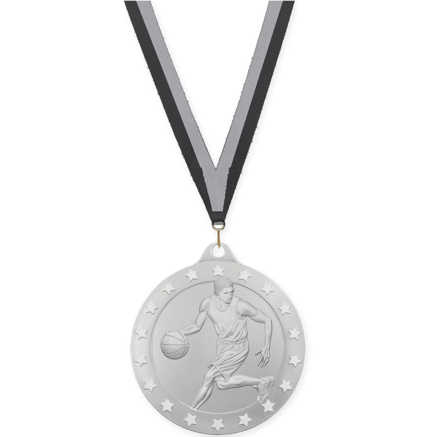 2 3/4 inch male basketball Radiance medal in silver with Black Gray neck ribbon