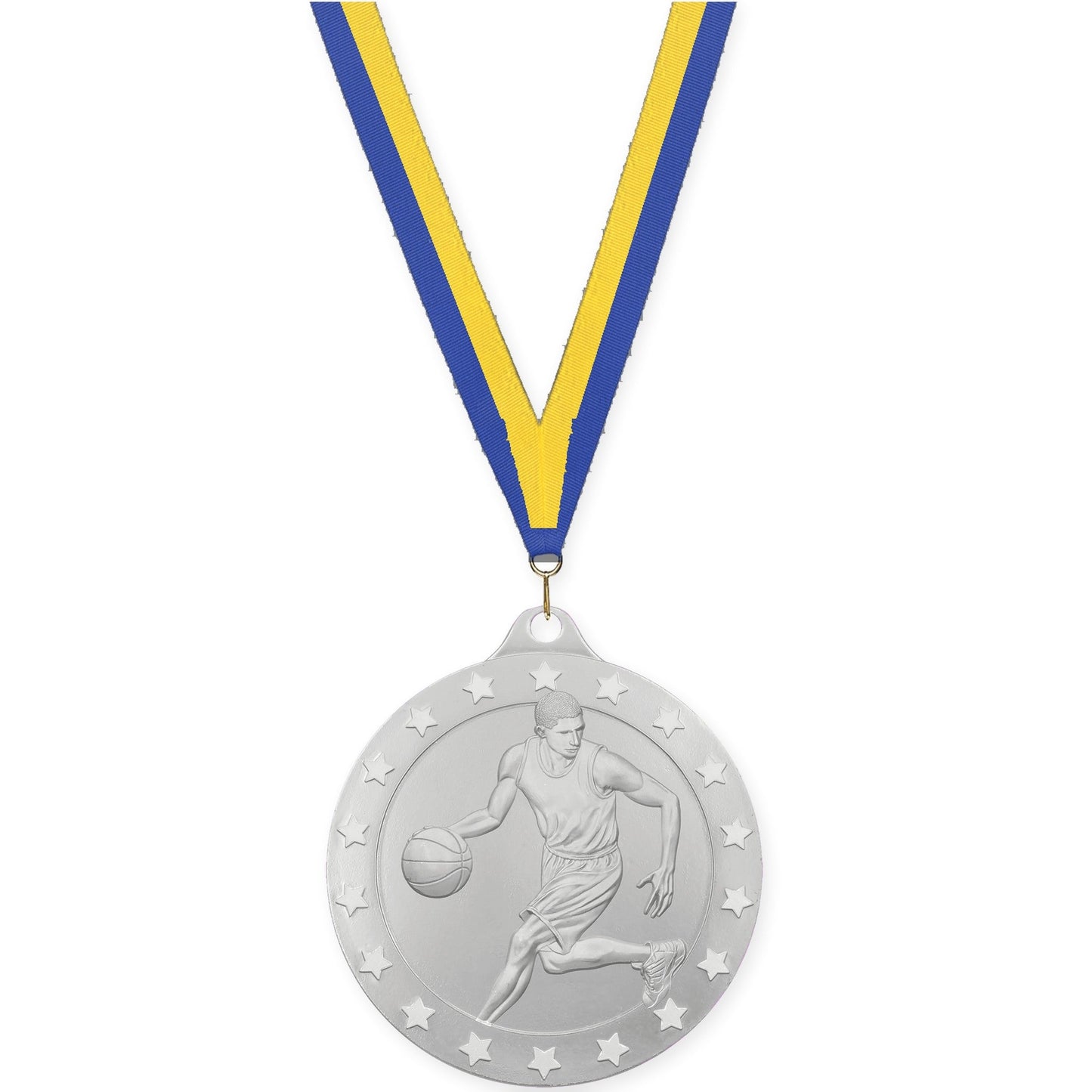 2 3/4 inch male basketball Radiance medal in silver with Blue Yellow neck ribbon