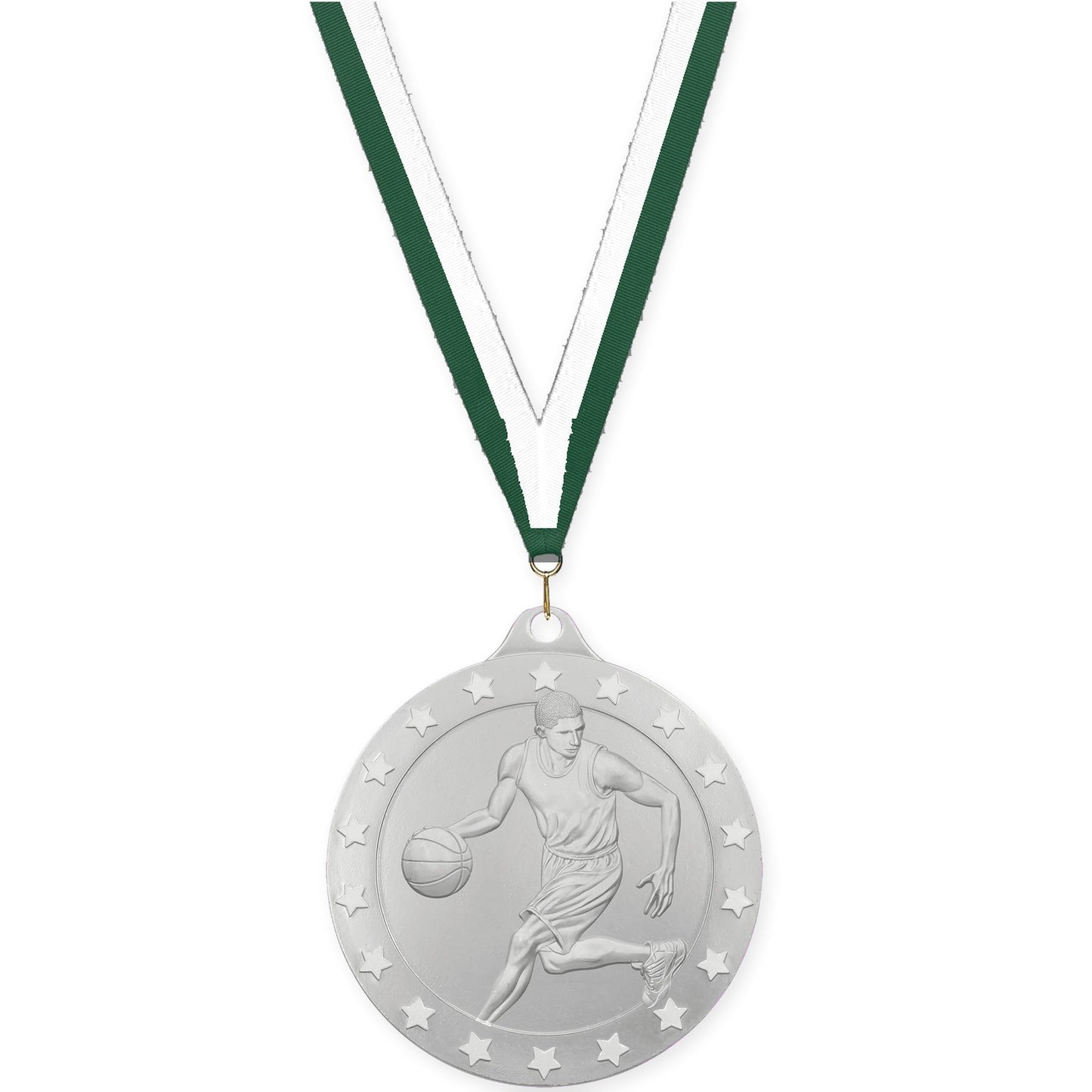 2 3/4 inch male basketball Radiance medal in silver with Hunter Green White neck ribbon