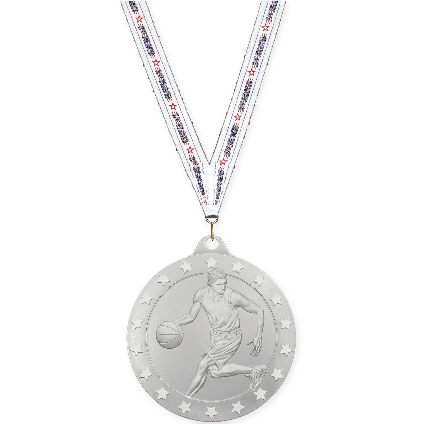 2 3/4 inch male basketball Radiance medal in silver with 1st Place neck ribbon