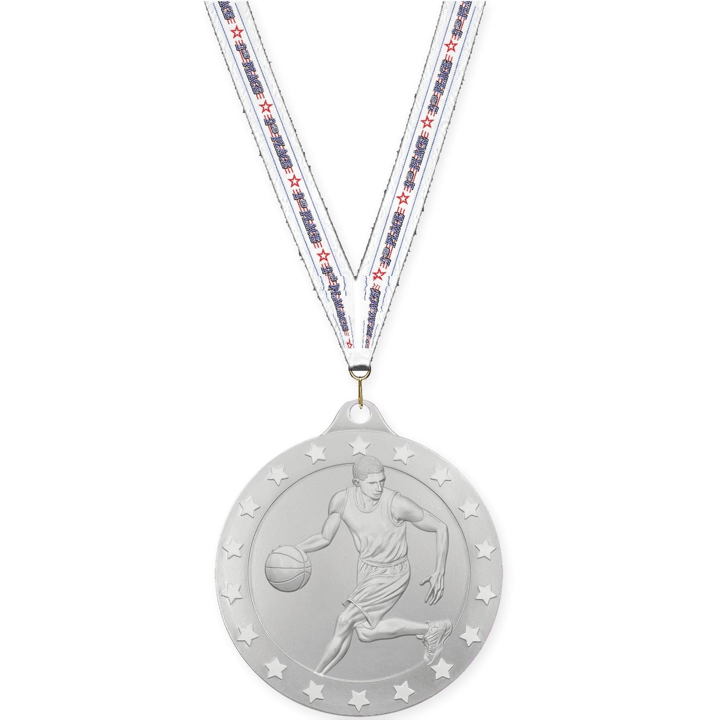 2 3/4 inch male basketball Radiance medal in silver with 2nd Place neck ribbon