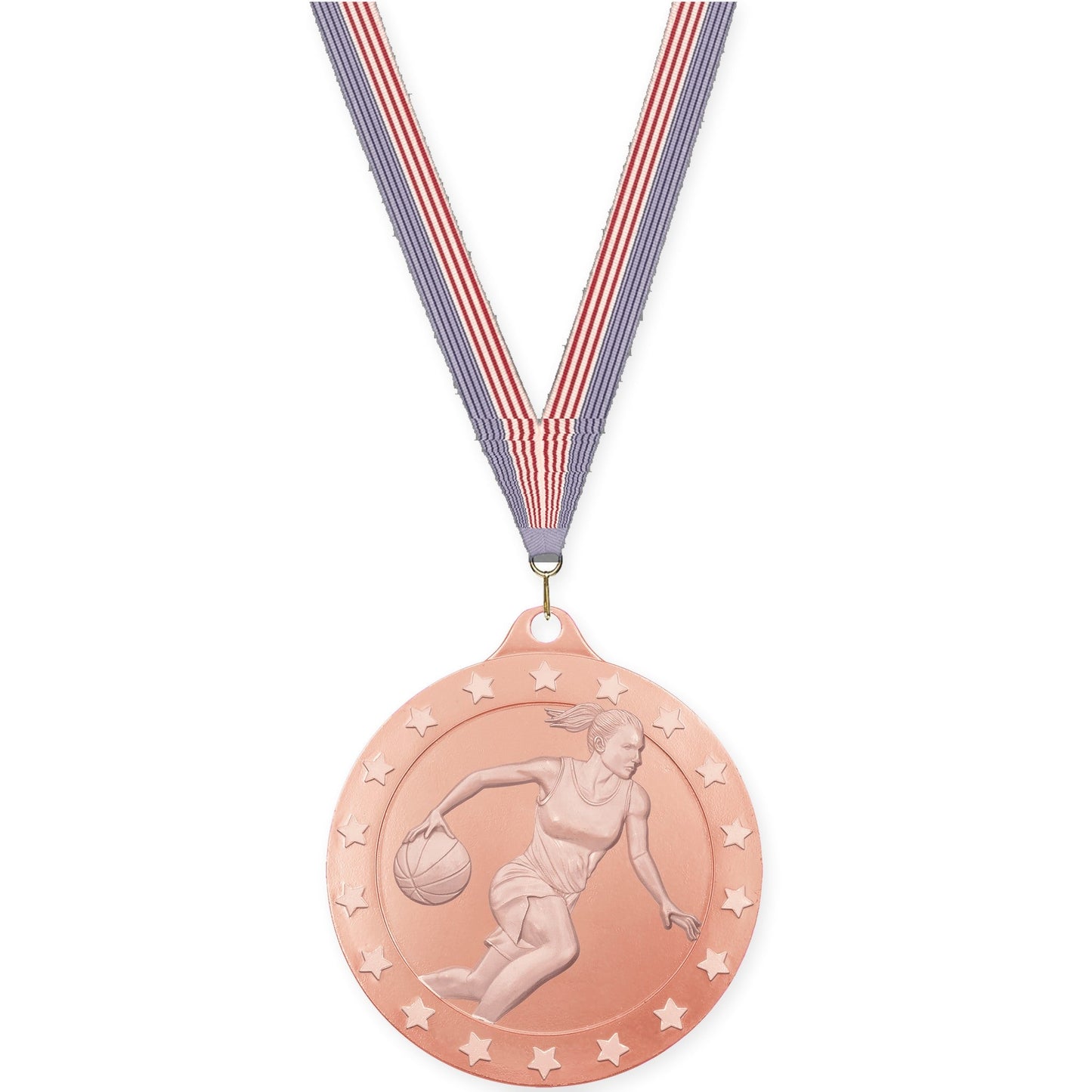 2 3/4 inch female basketball Radiance medal in bronze with USA Flag neck ribbon