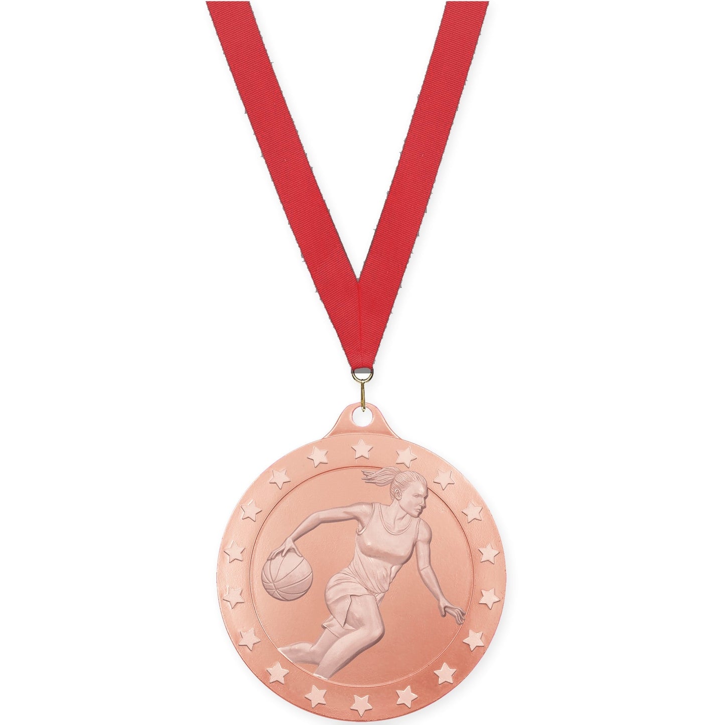 2 3/4 inch female basketball Radiance medal in bronze with Red neck ribbon