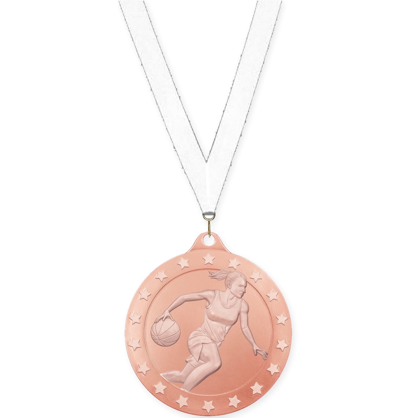 2 3/4 inch female basketball Radiance medal in bronze with White neck ribbon