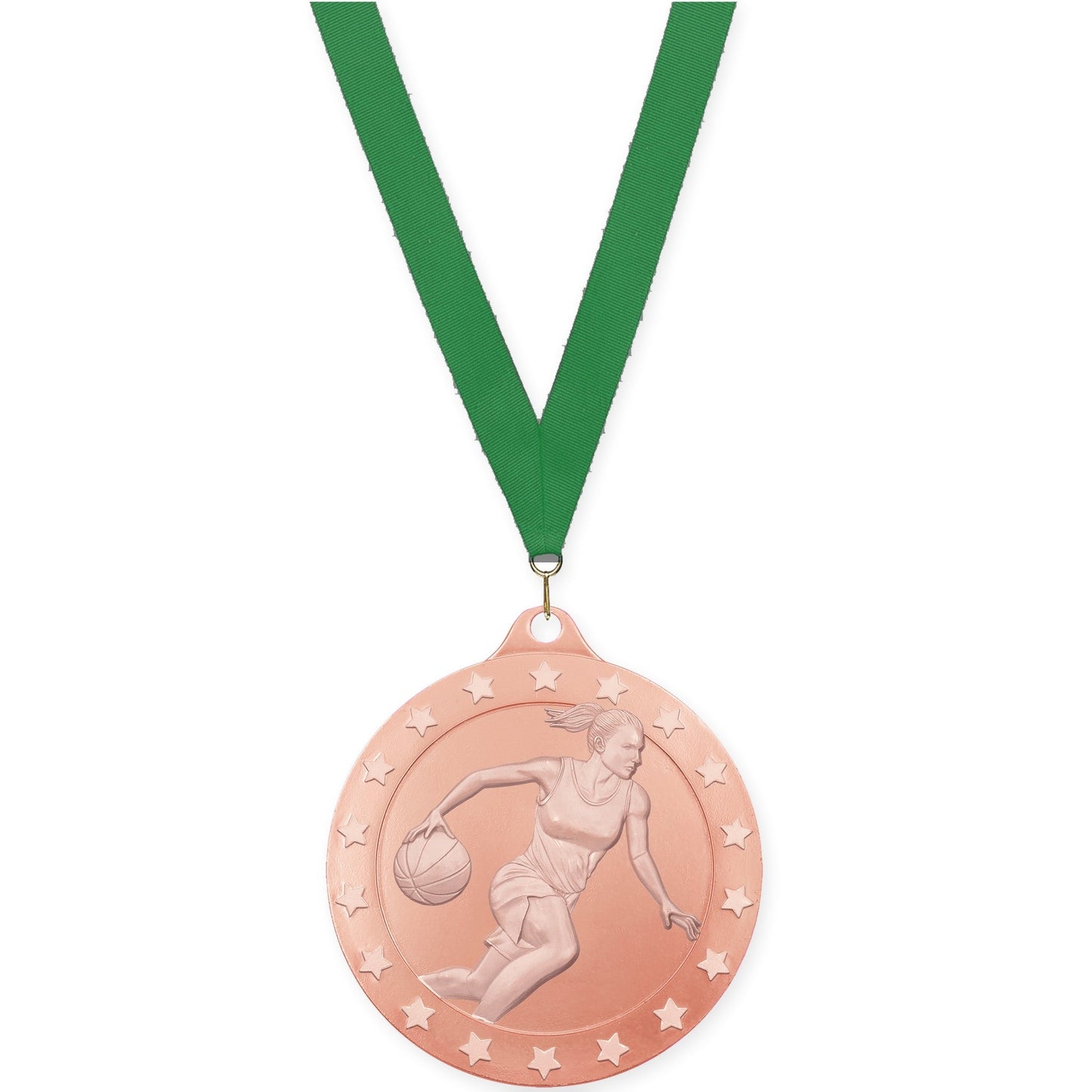 2 3/4 inch female basketball Radiance medal in bronze with Green neck ribbon