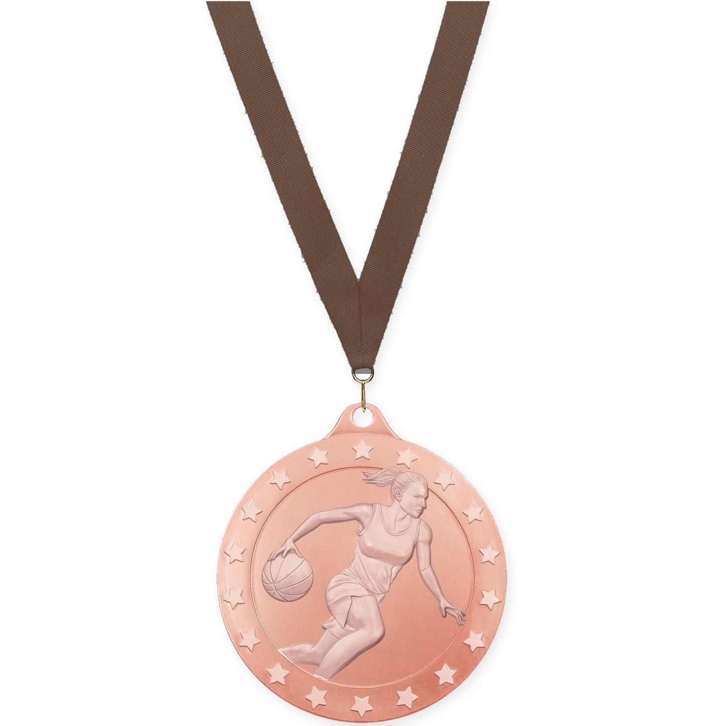 2 3/4 inch female basketball Radiance medal in bronze with Brown neck ribbon