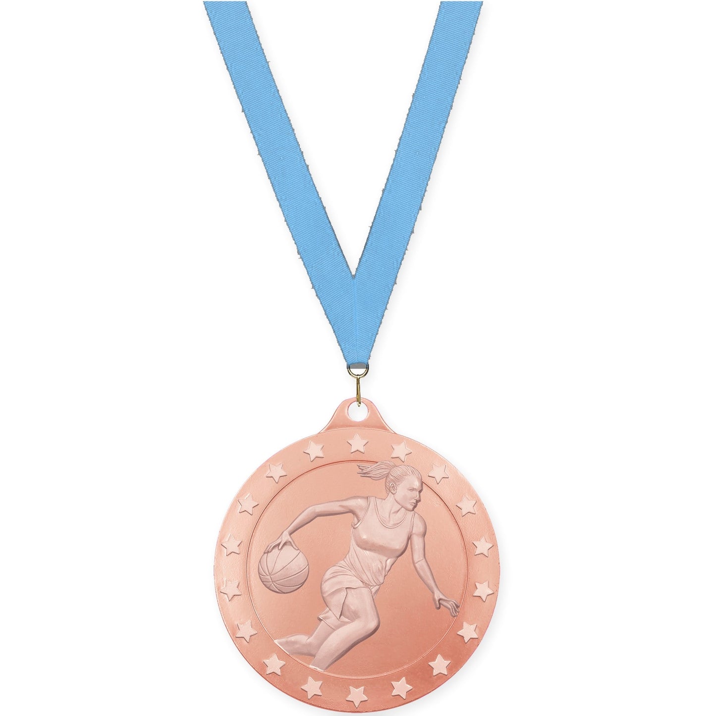 2 3/4 inch female basketball Radiance medal in bronze with Light Blue neck ribbon