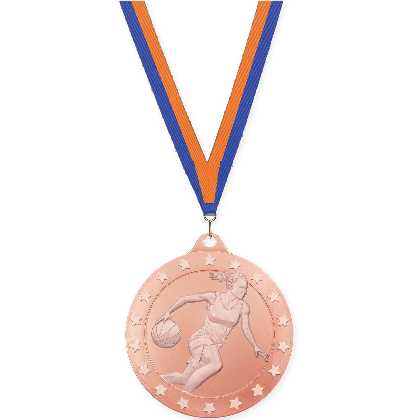 2 3/4 inch female basketball Radiance medal in bronze with Blue Orange neck ribbon