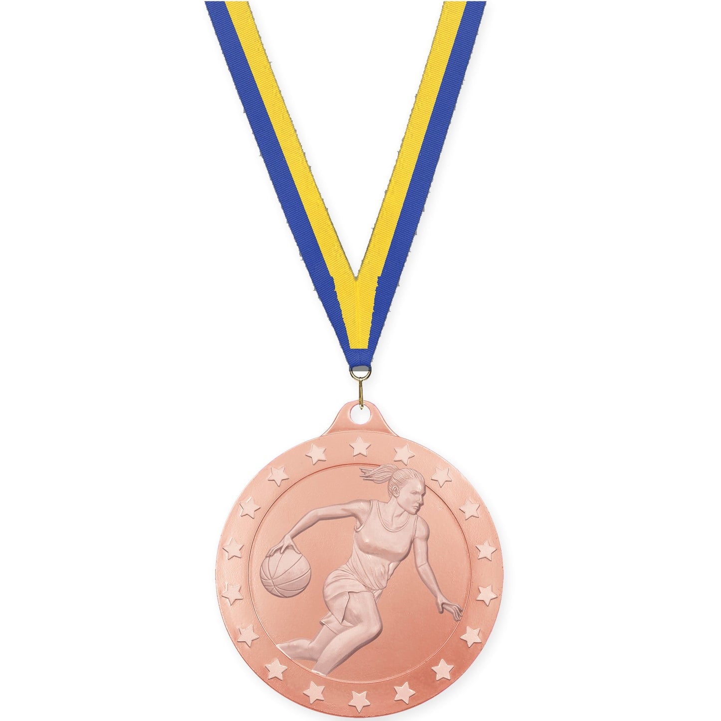 2 3/4 inch female basketball Radiance medal in bronze with Blue Yellow neck ribbon