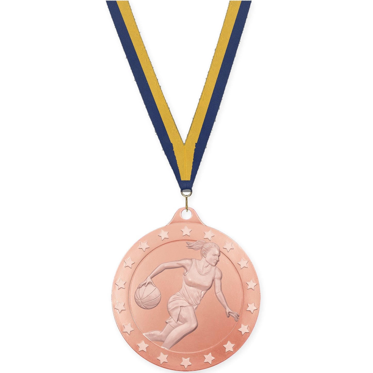2 3/4 inch female basketball Radiance medal in bronze with Navy Gold neck ribbon