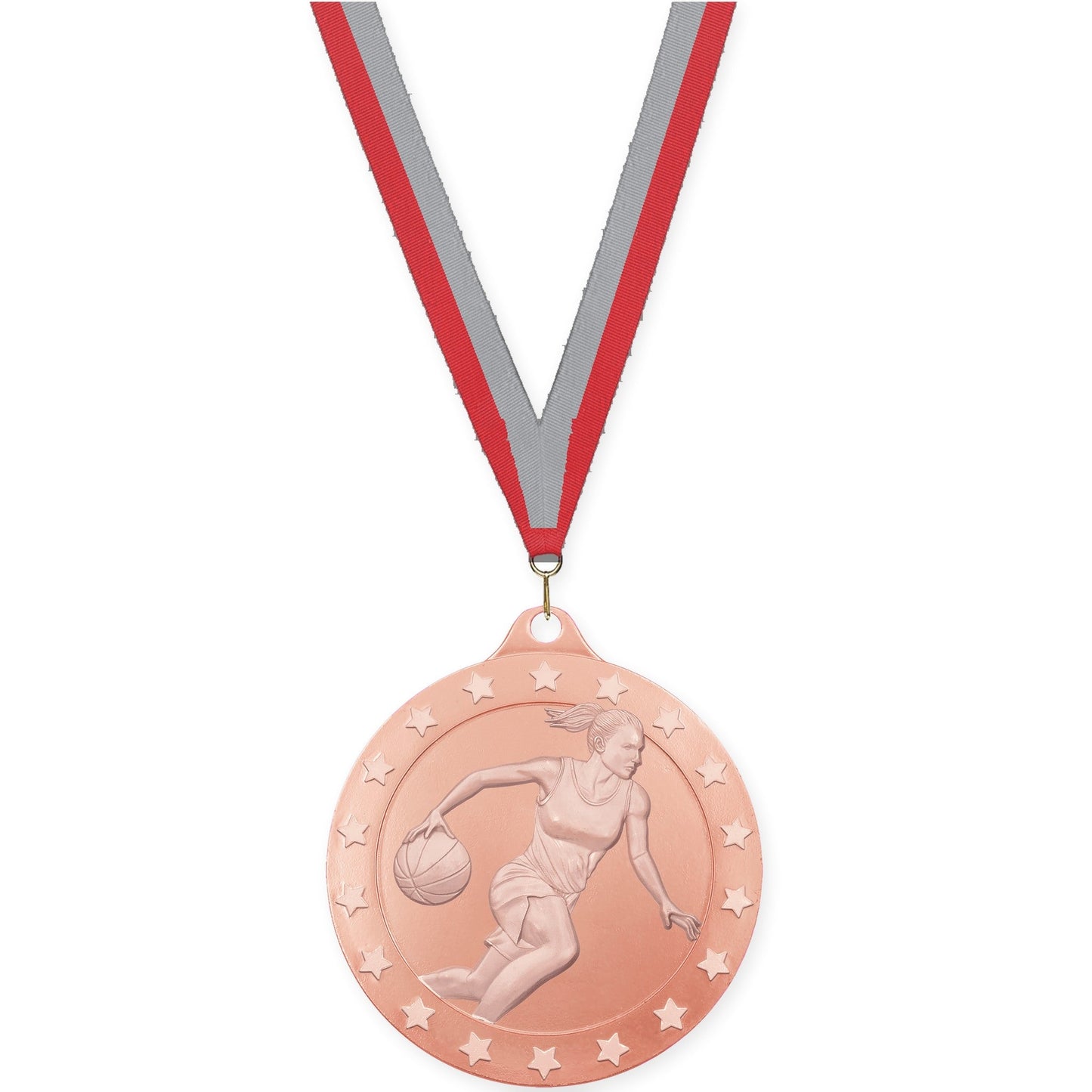 2 3/4 inch female basketball Radiance medal in bronze with Red Gray neck ribbon