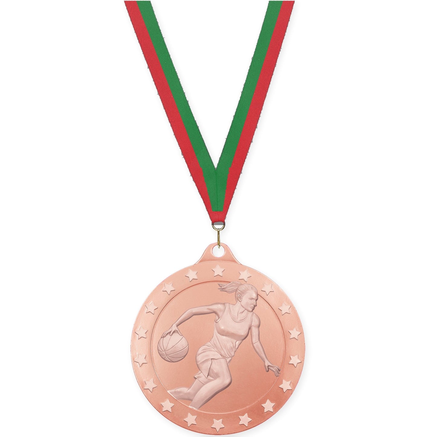 2 3/4 inch female basketball Radiance medal in bronze with Red Green neck ribbon