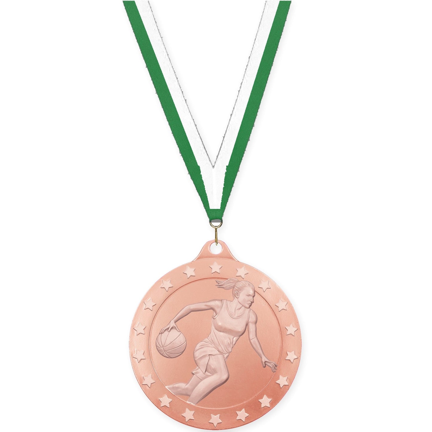 2 3/4 inch female basketball Radiance medal in bronze with Green White neck ribbon