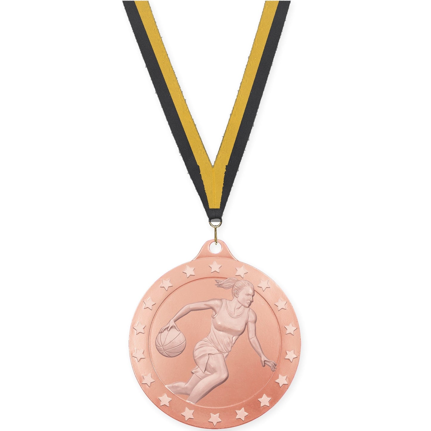 2 3/4 inch female basketball Radiance medal in bronze with Black Gold neck ribbon