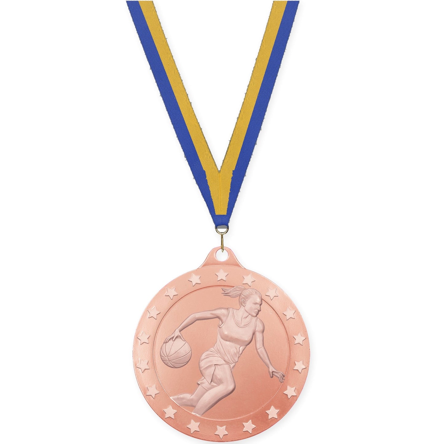 2 3/4 inch female basketball Radiance medal in bronze with Blue Gold neck ribbon