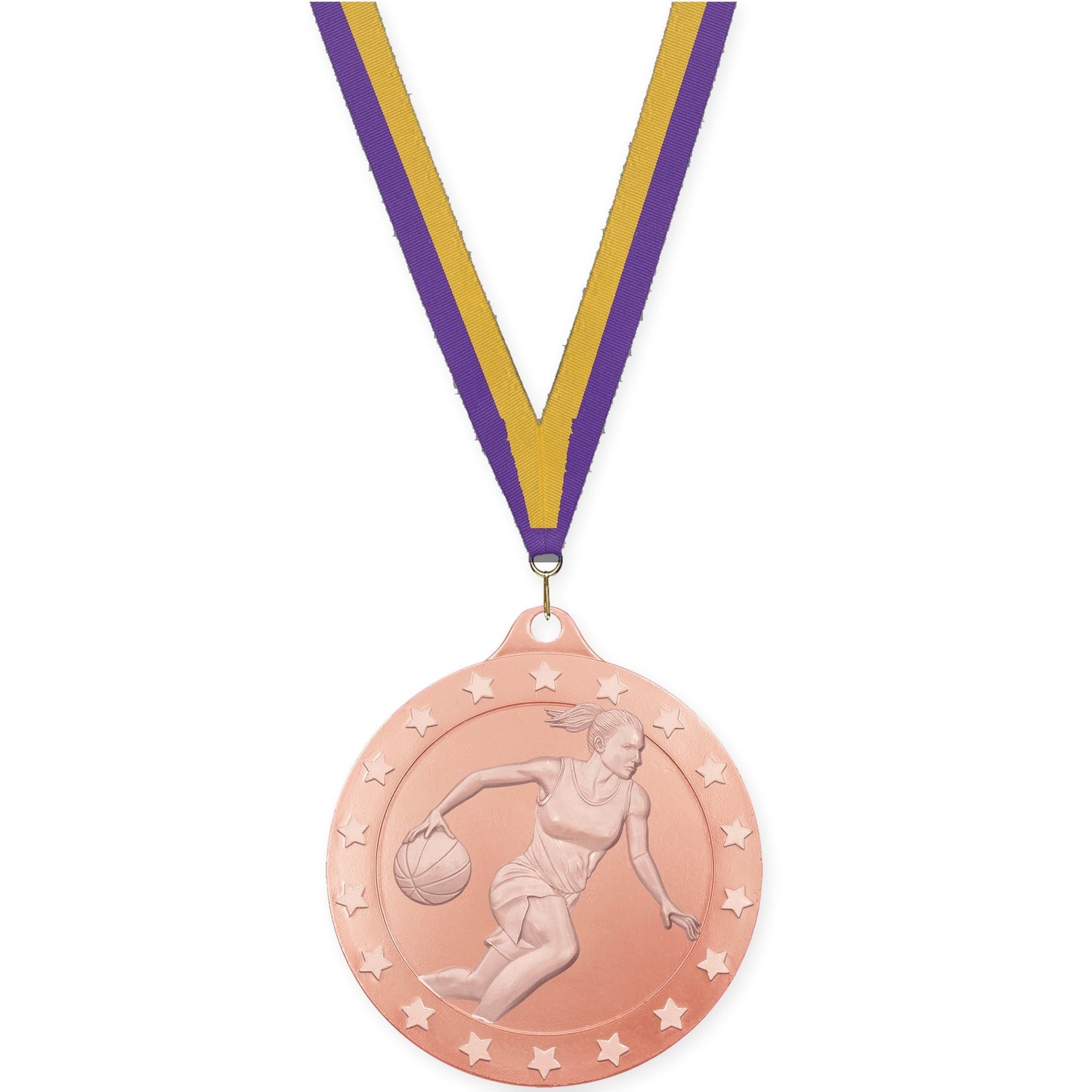 2 3/4 inch female basketball Radiance medal in bronze with Purple Gold neck ribbon