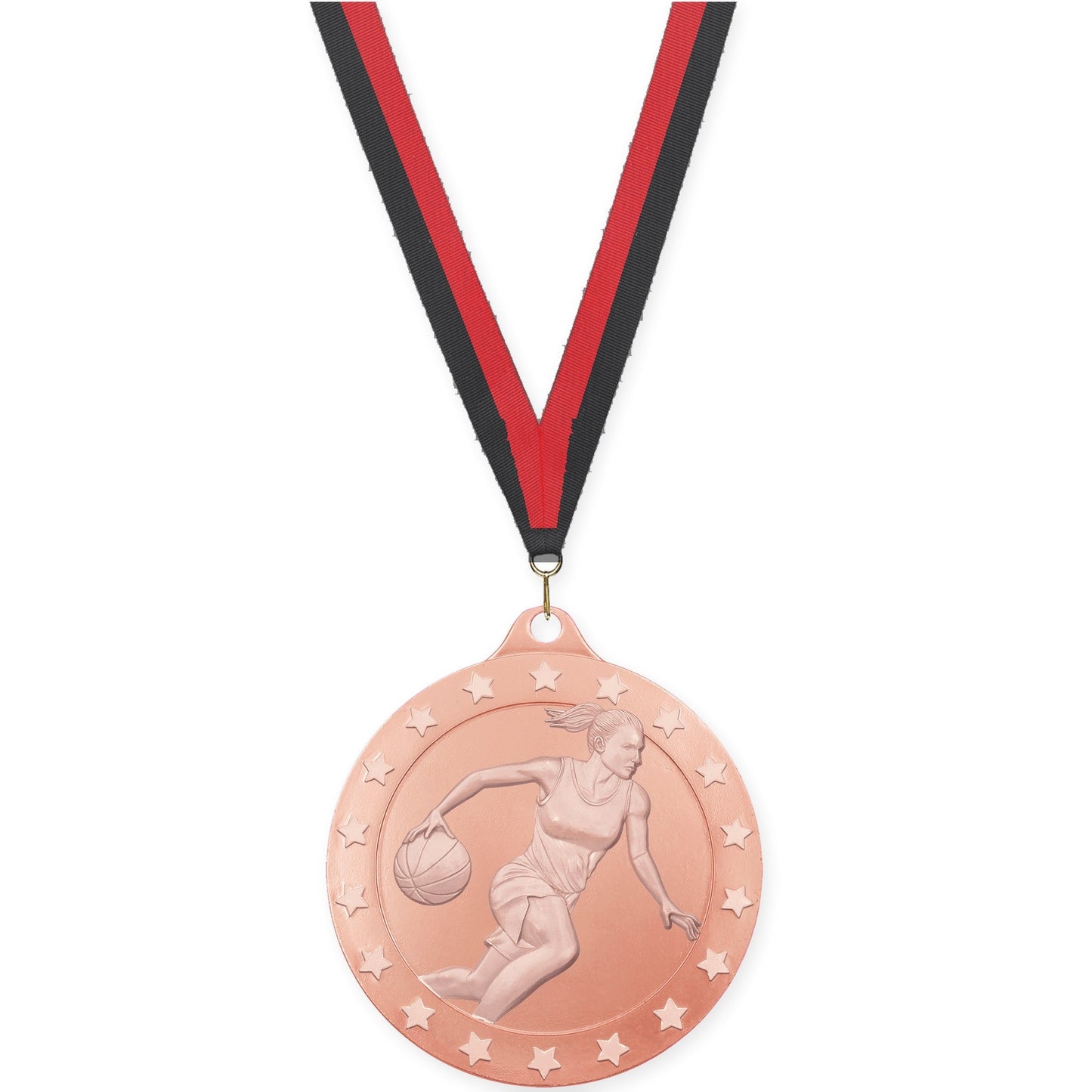 2 3/4 inch female basketball Radiance medal in bronze with Black Red neck ribbon