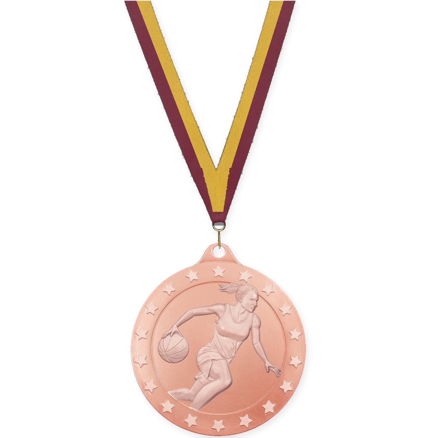 2 3/4 inch female basketball Radiance medal in bronze with Maroon Gold neck ribbon