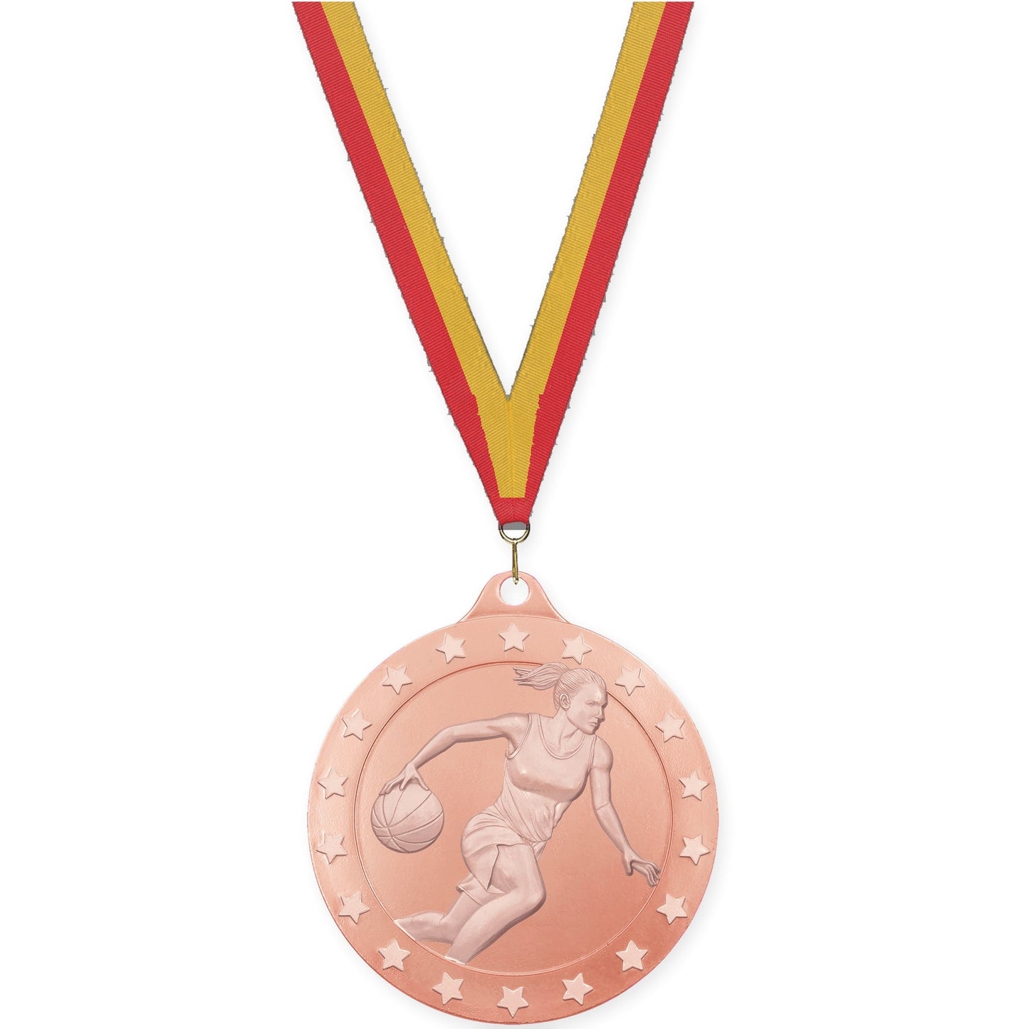 2 3/4 inch female basketball Radiance medal in bronze with Red Gold neck ribbon