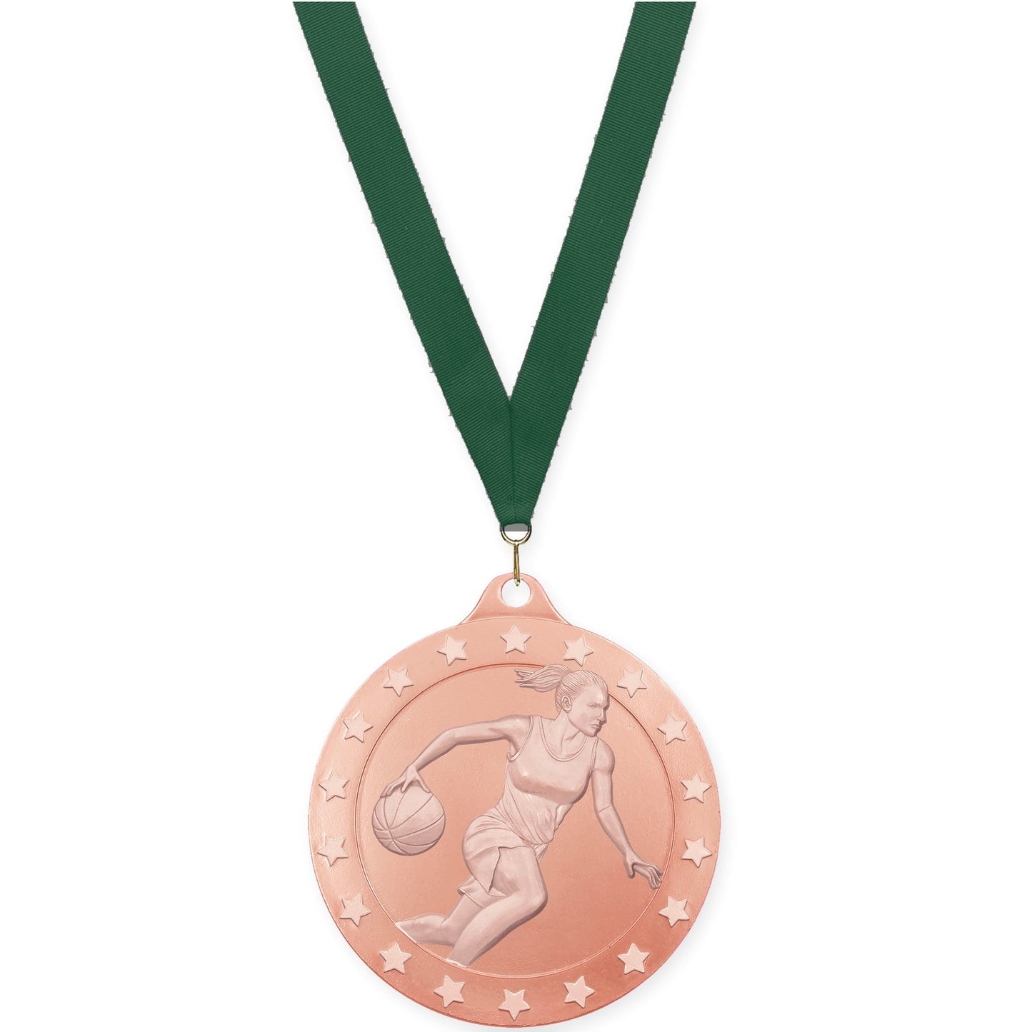 2 3/4 inch female basketball Radiance medal in bronze with Hunter Green neck ribbon