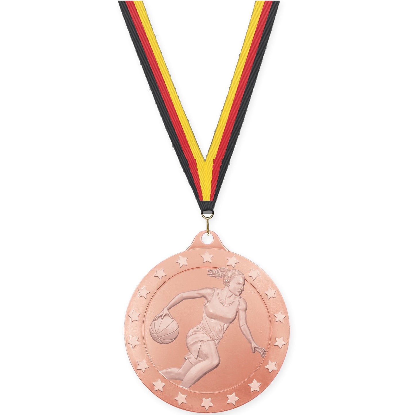 2 3/4 inch female basketball Radiance medal in bronze with Black Red Yellow neck ribbon