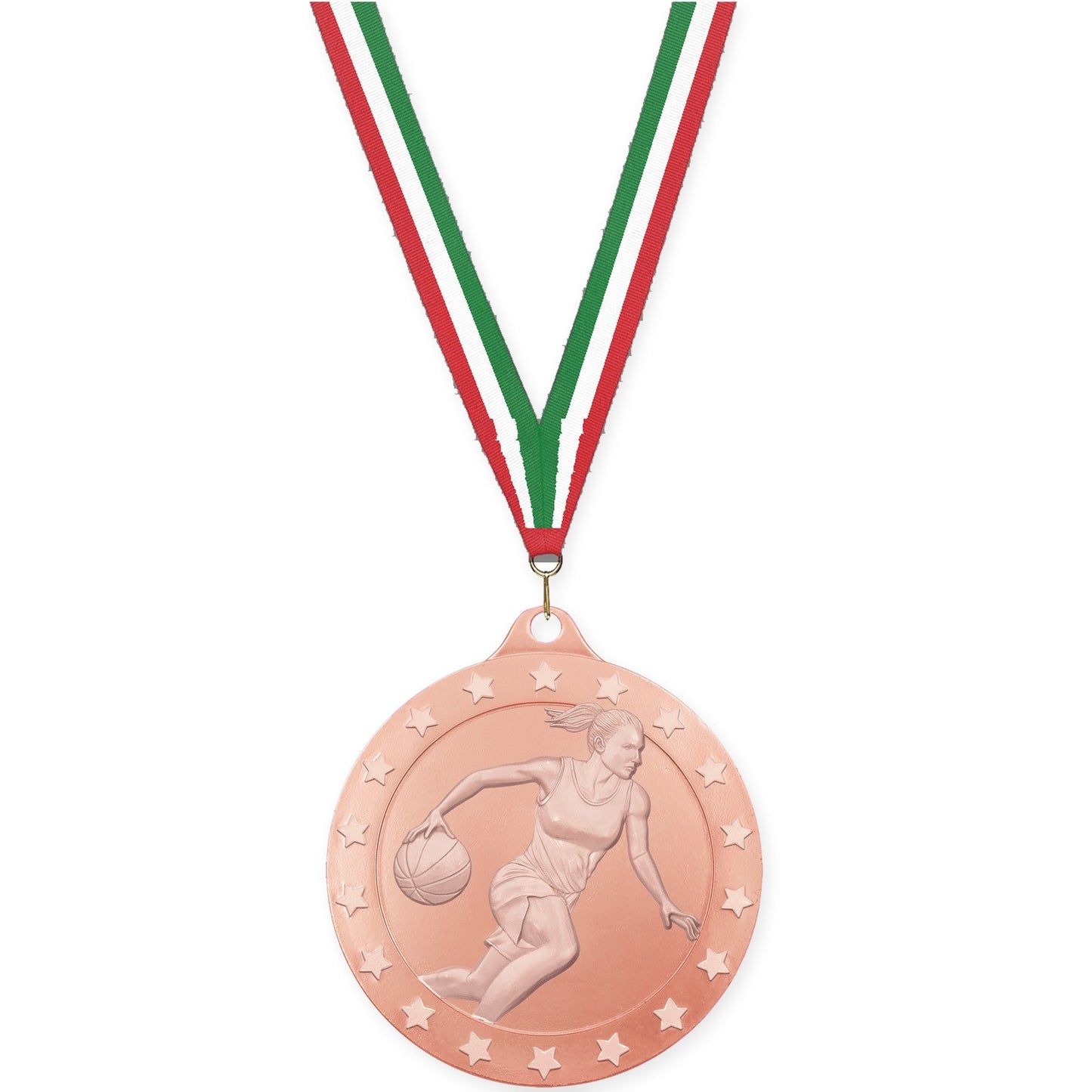 2 3/4 inch female basketball Radiance medal in bronze with Red White Green neck ribbon