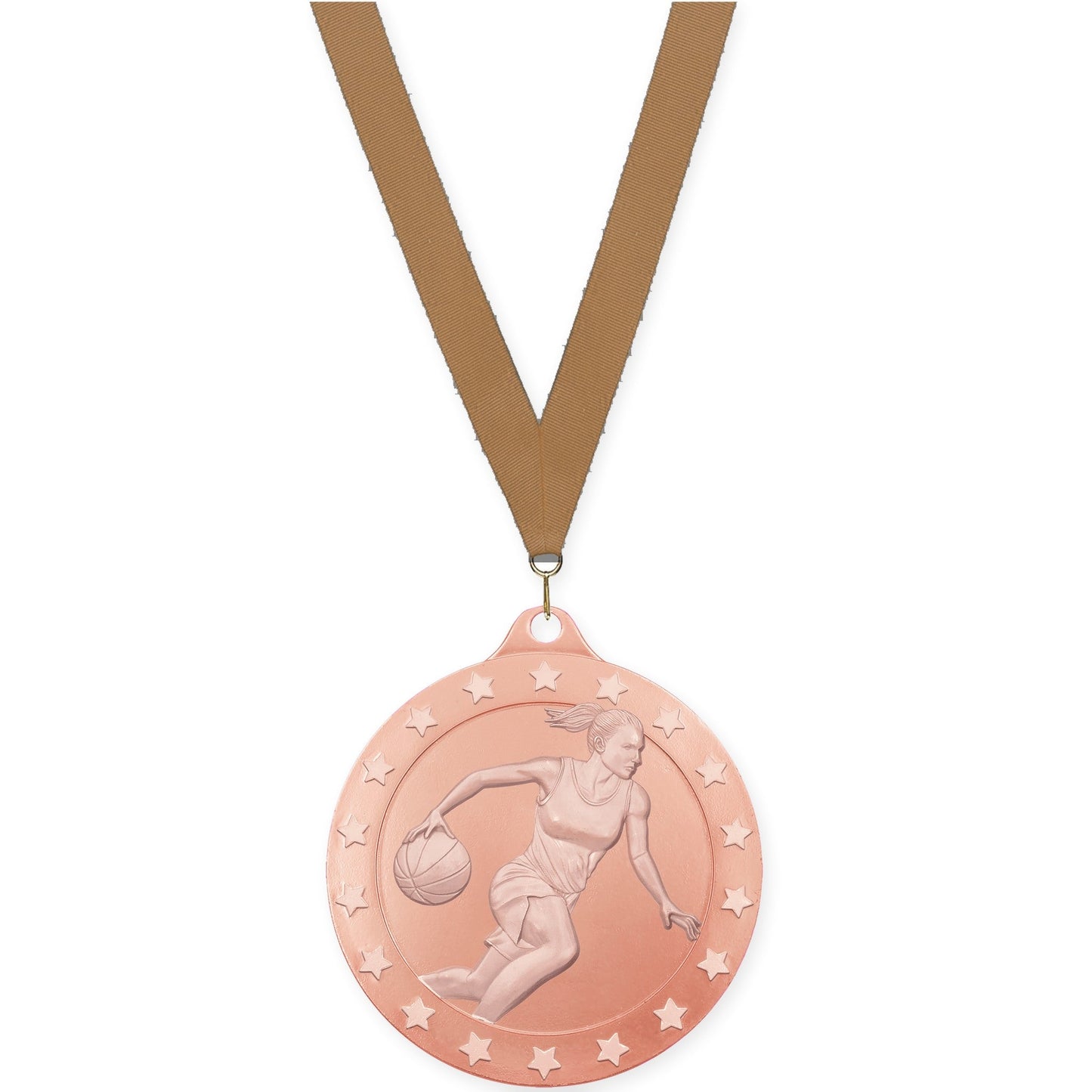 2 3/4 inch female basketball Radiance medal in bronze with Bronze Metallic neck ribbon