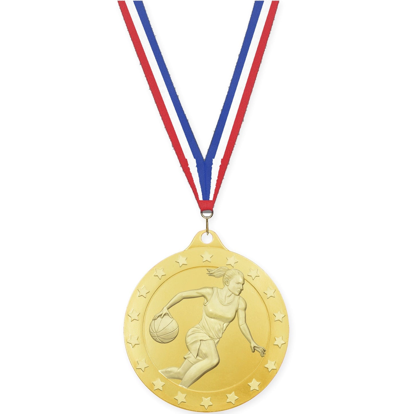 2 3/4 inch female basketball Radiance medal in gold with Red White Blue neck ribbon