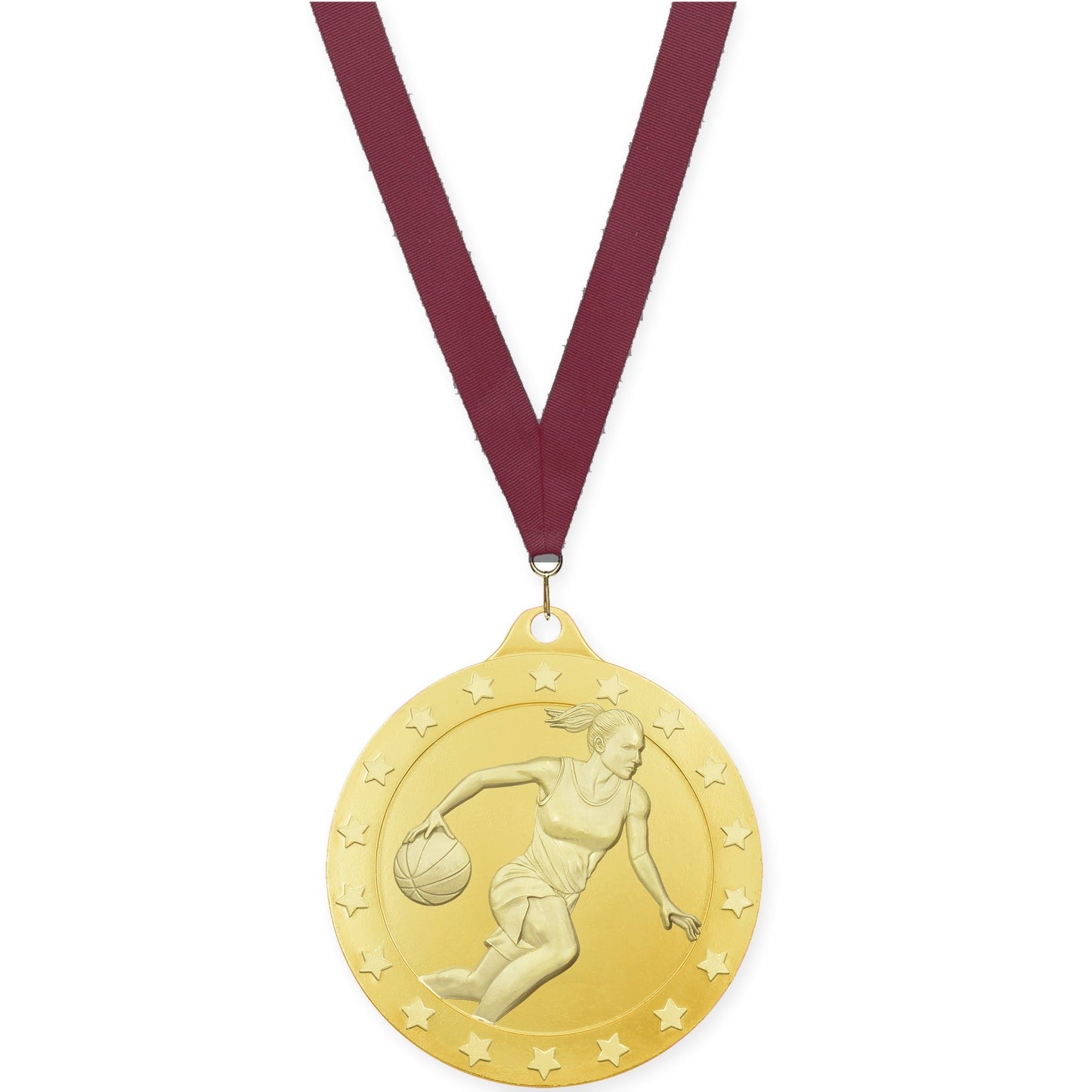 2 3/4 inch female basketball Radiance medal in gold with Maroon neck ribbon