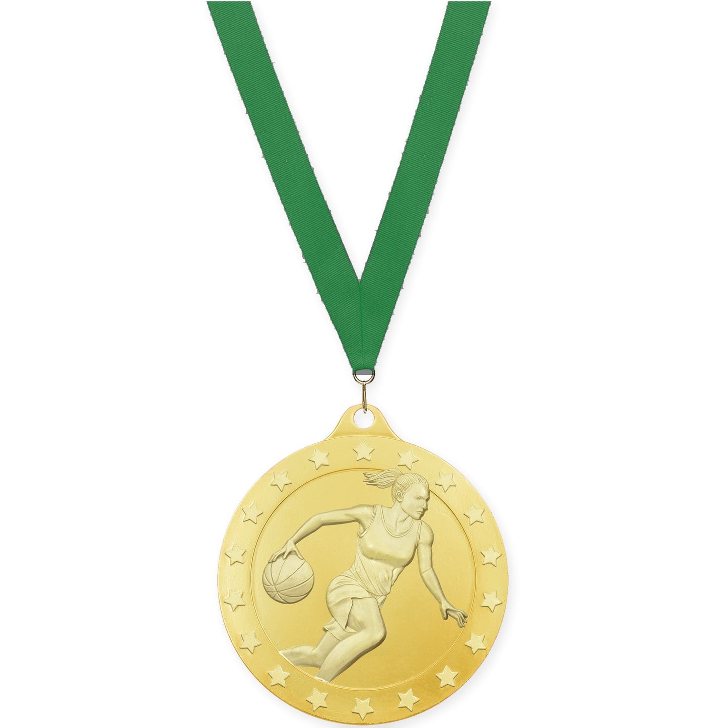 2 3/4 inch female basketball Radiance medal in gold with Green neck ribbon