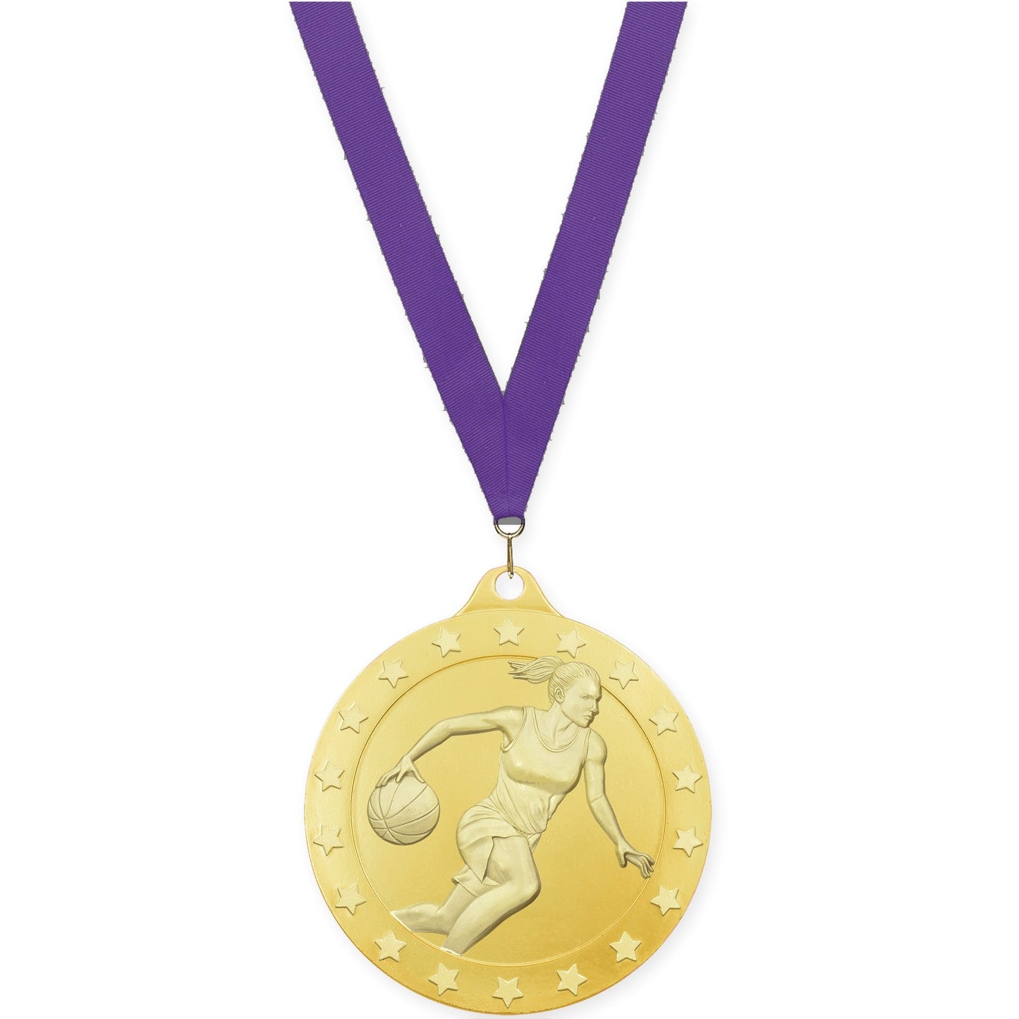 2 3/4 inch female basketball Radiance medal in gold with Purple neck ribbon