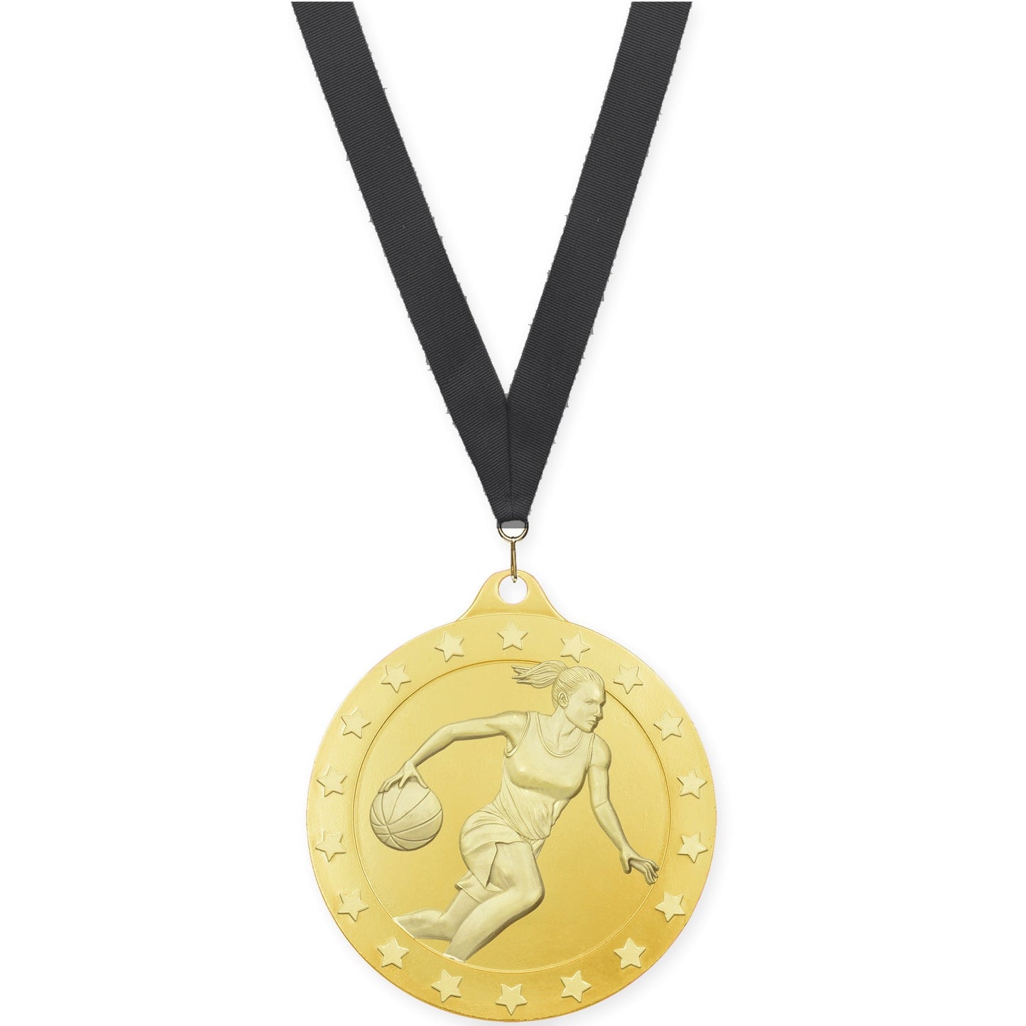 2 3/4 inch female basketball Radiance medal in gold with Black neck ribbon