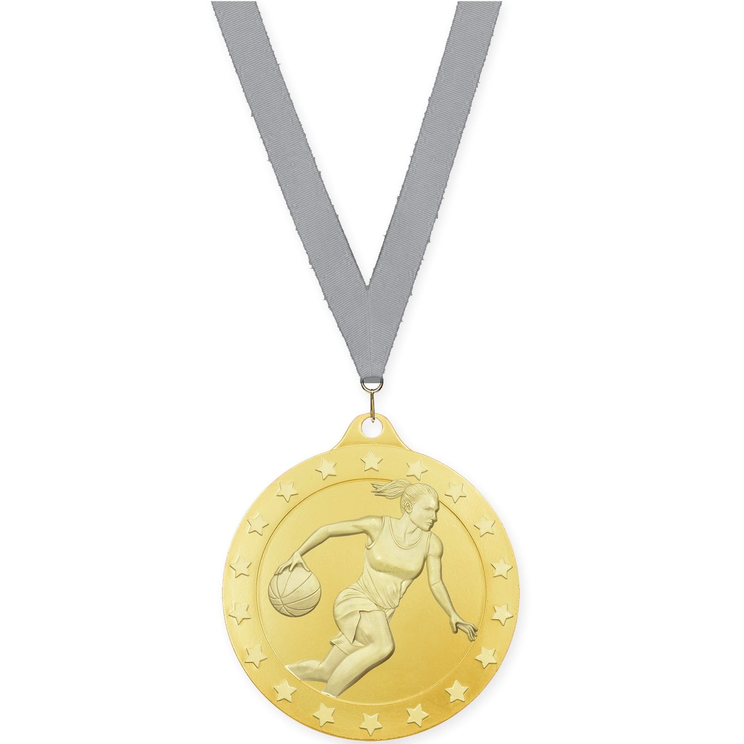 2 3/4 inch female basketball Radiance medal in gold with Gray neck ribbon