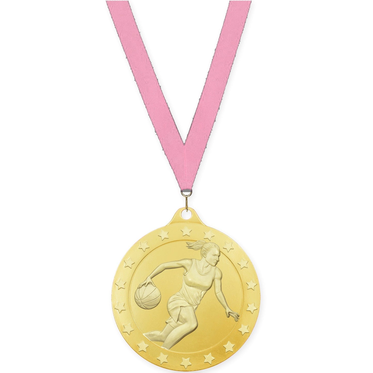 2 3/4 inch female basketball Radiance medal in gold with Pink neck ribbon