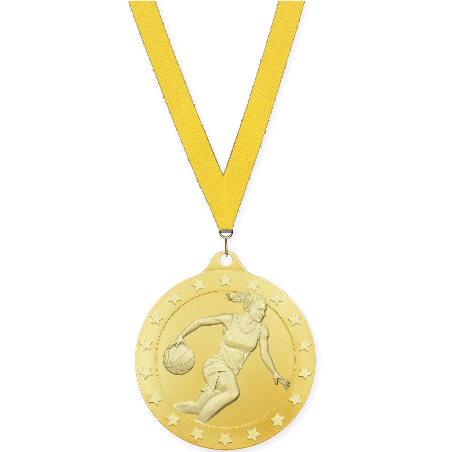 2 3/4 inch female basketball Radiance medal in gold with Yellow neck ribbon