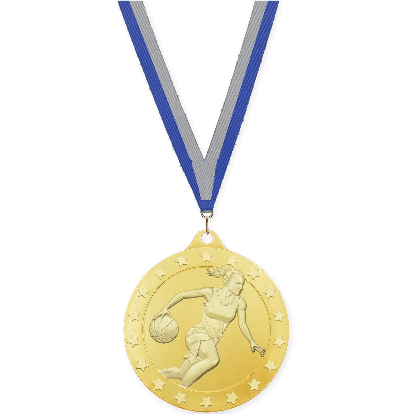 2 3/4 inch female basketball Radiance medal in gold with Blue Gray neck ribbon