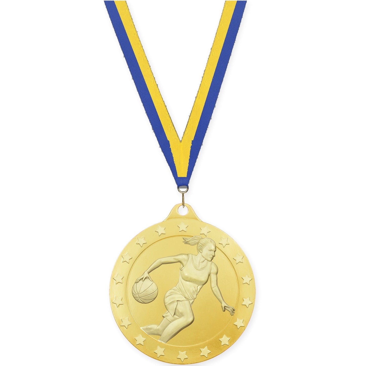 2 3/4 inch female basketball Radiance medal in gold with Blue Yellow neck ribbon