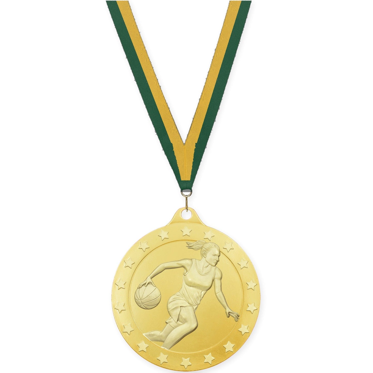 2 3/4 inch female basketball Radiance medal in gold with Hunter Green Gold neck ribbon