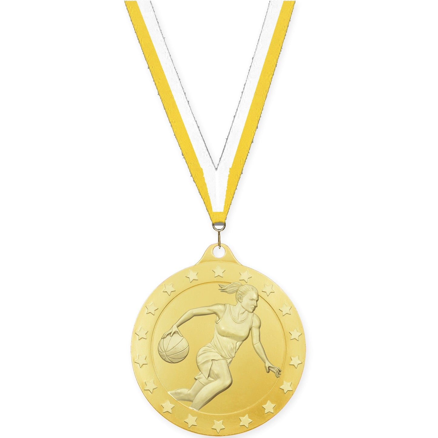 2 3/4 inch female basketball Radiance medal in gold with Yellow White neck ribbon