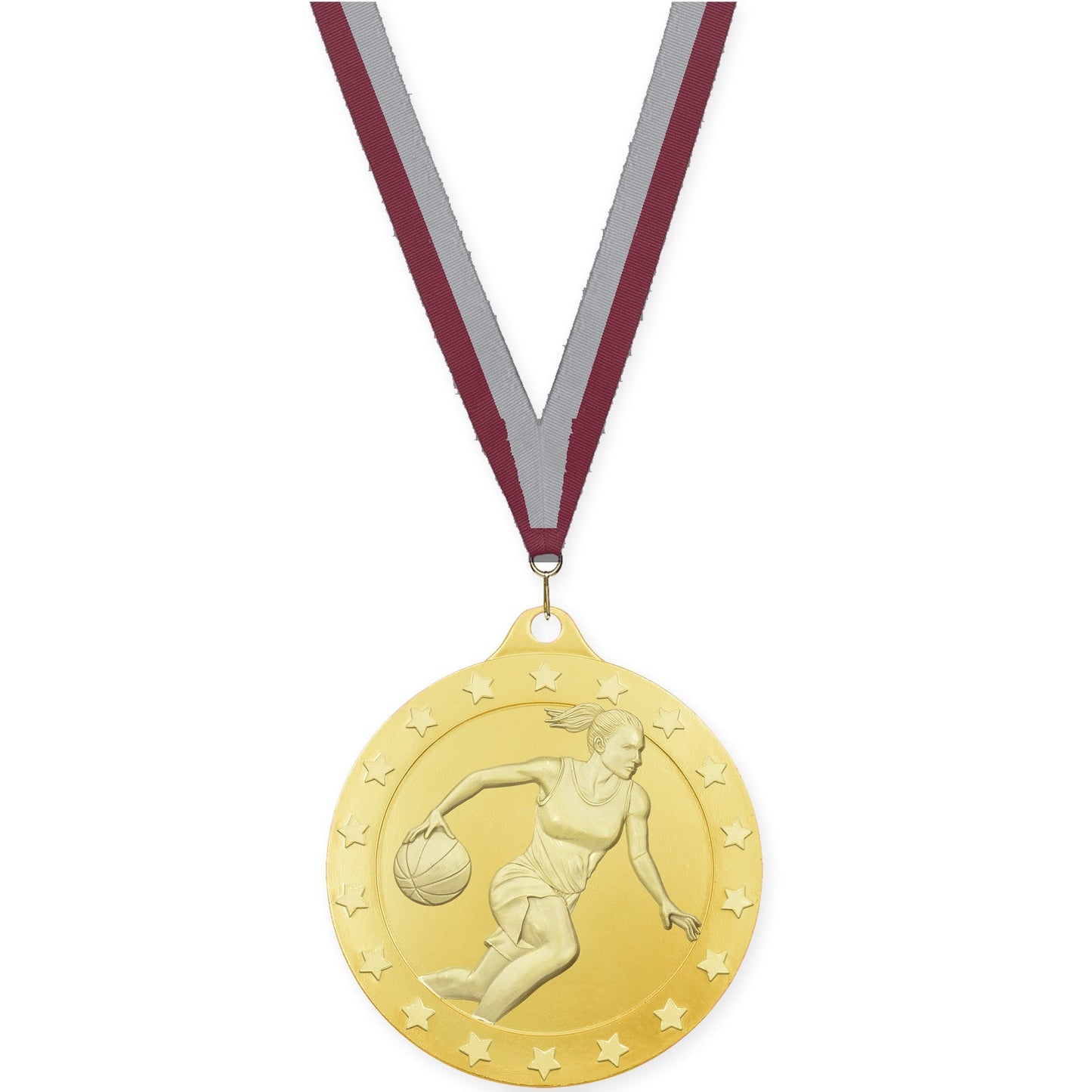 2 3/4 inch female basketball Radiance medal in gold with Maroon Gray neck ribbon