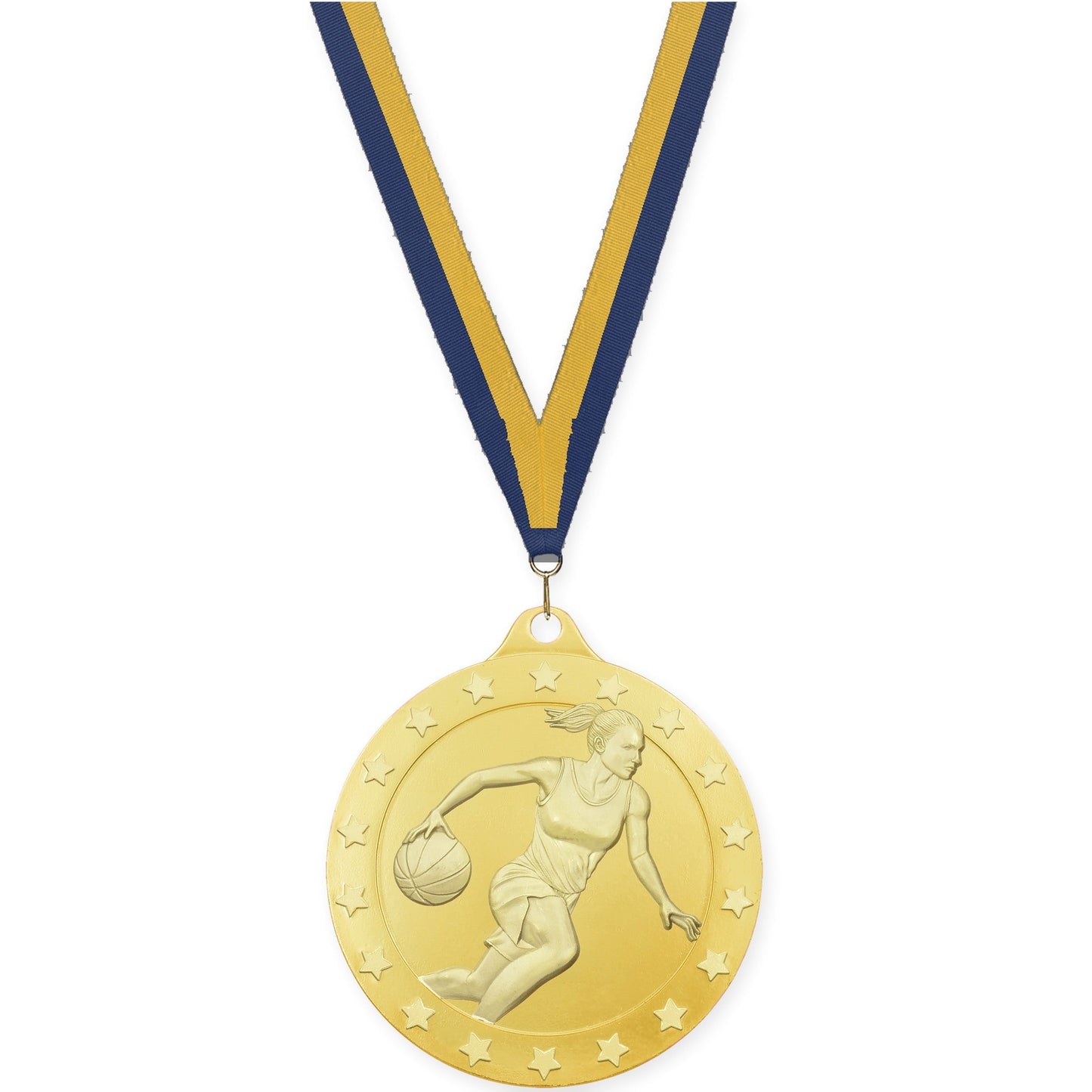 2 3/4 inch female basketball Radiance medal in gold with Navy Gold neck ribbon