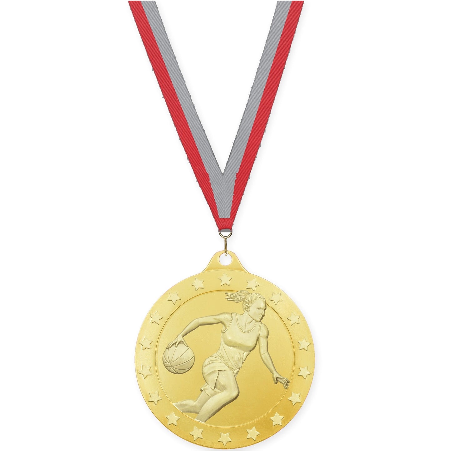 2 3/4 inch female basketball Radiance medal in gold with Red Gray neck ribbon
