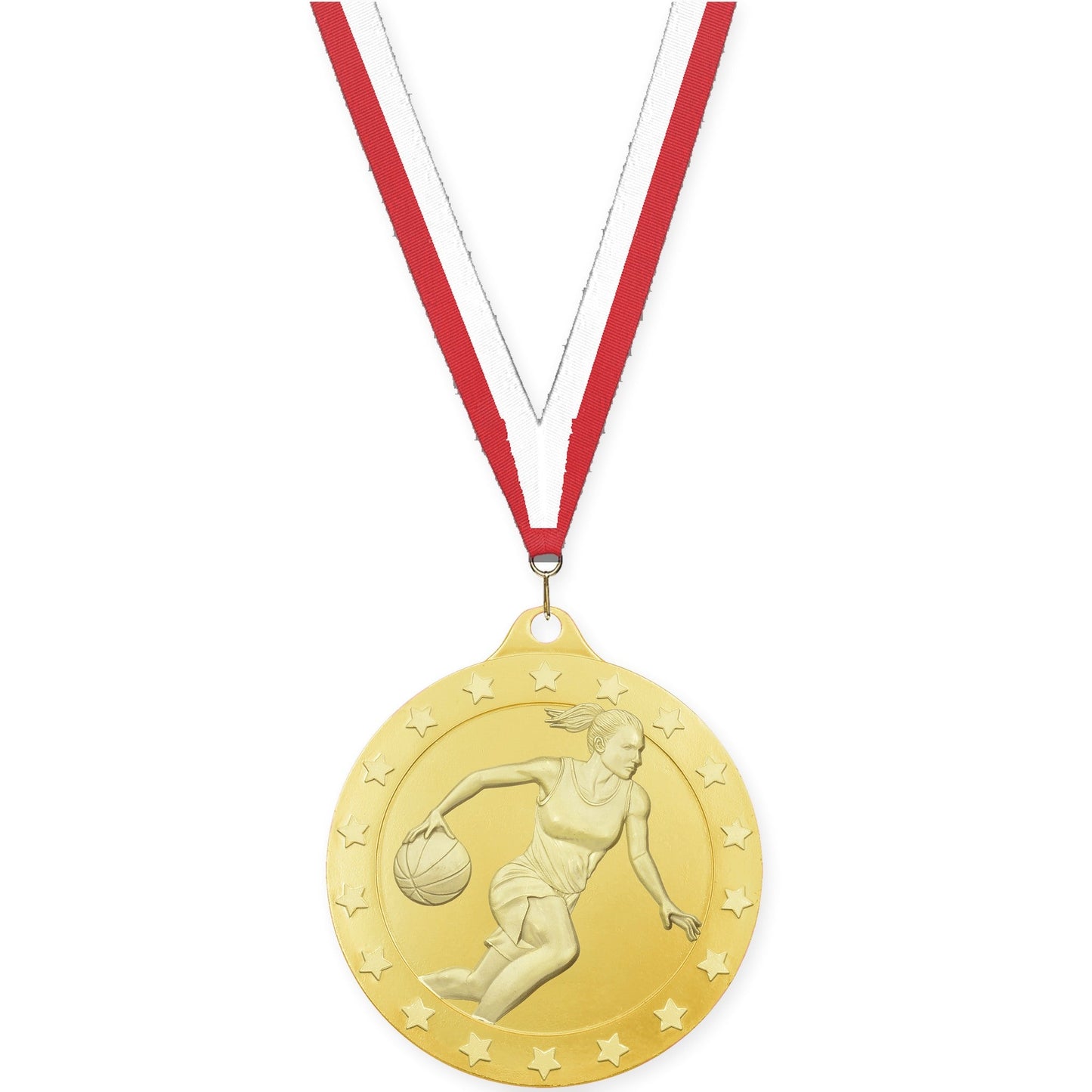 2 3/4 inch female basketball Radiance medal in gold with Red White neck ribbon