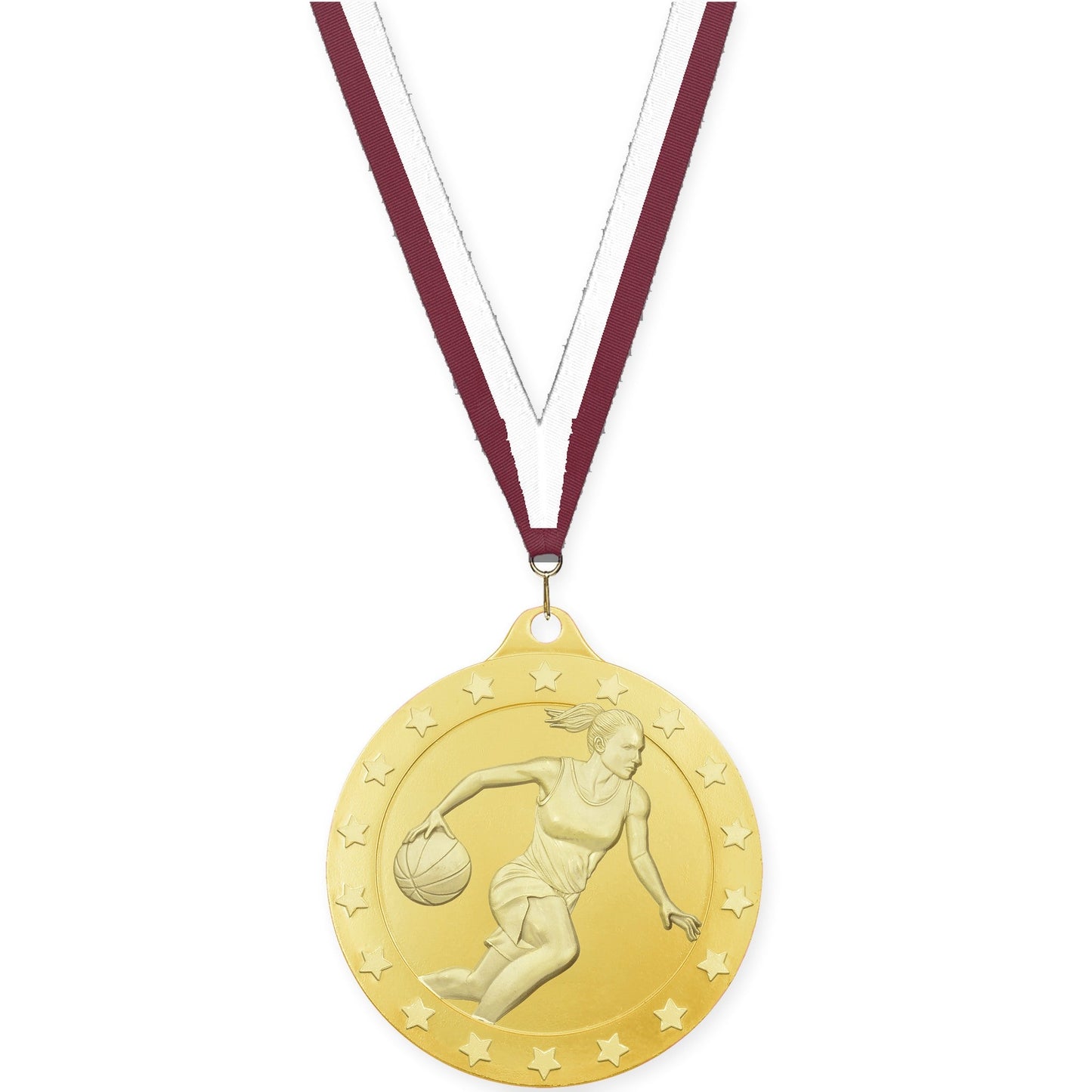 2 3/4 inch female basketball Radiance medal in gold with Maroon White neck ribbon