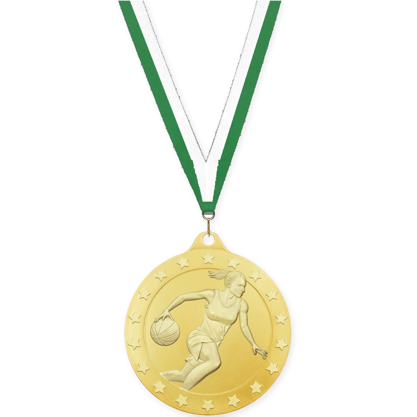 2 3/4 inch female basketball Radiance medal in gold with Green White neck ribbon