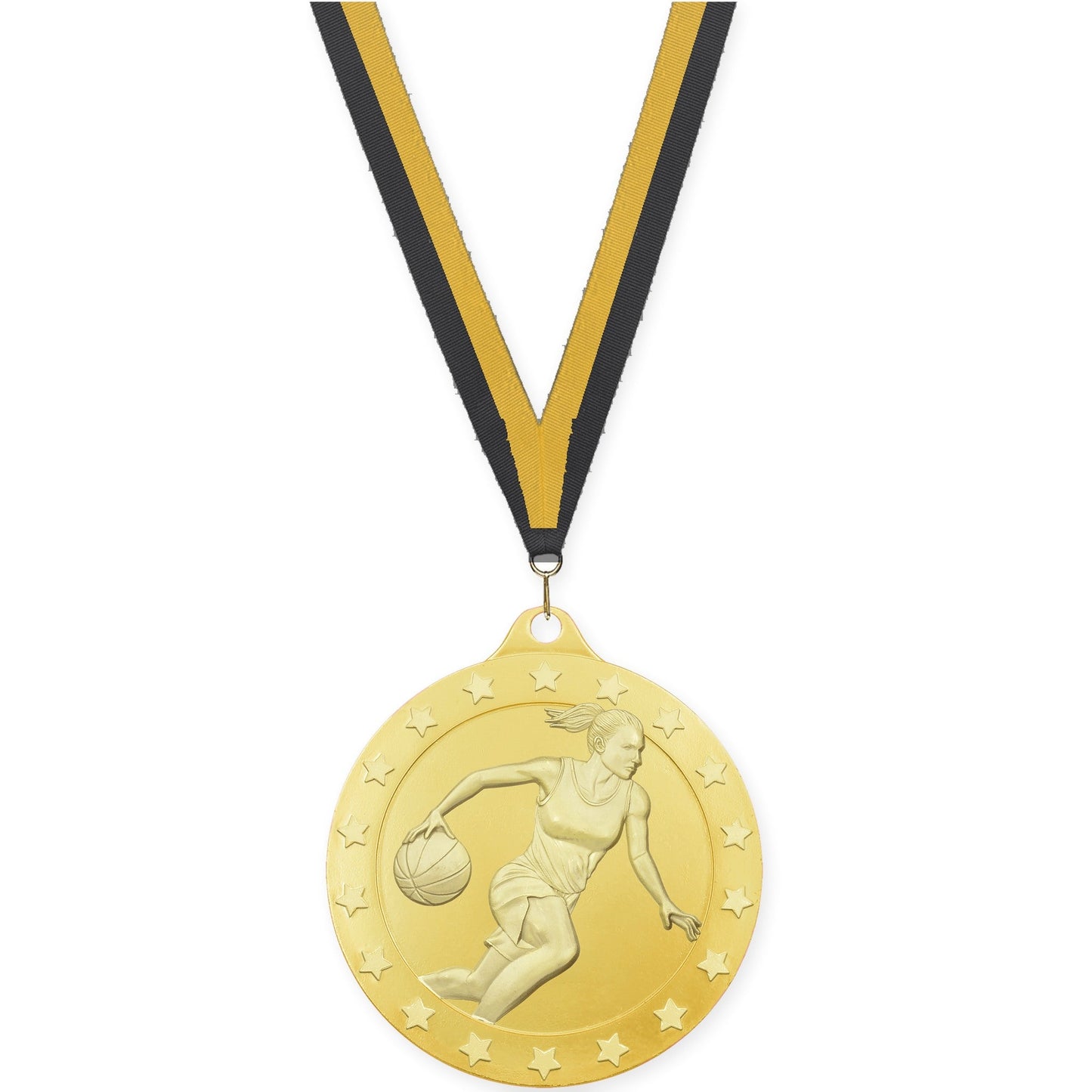 2 3/4 inch female basketball Radiance medal in gold with Black Gold neck ribbon