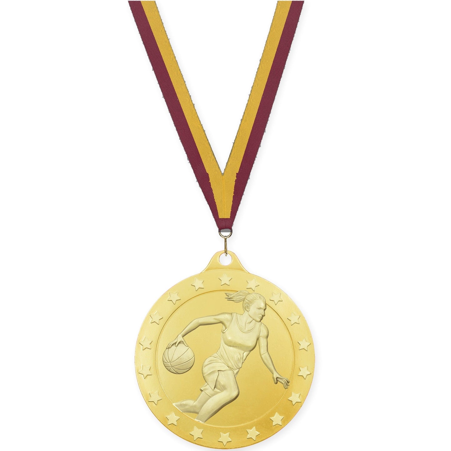 2 3/4 inch female basketball Radiance medal in gold with Maroon Gold neck ribbon