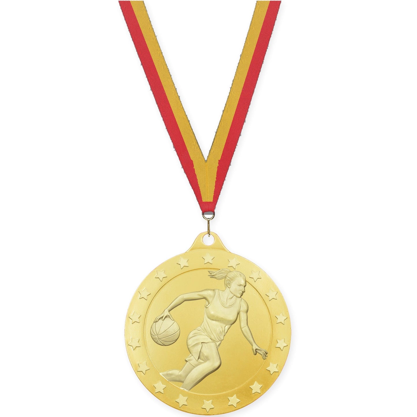 2 3/4 inch female basketball Radiance medal in gold with Red Gold neck ribbon
