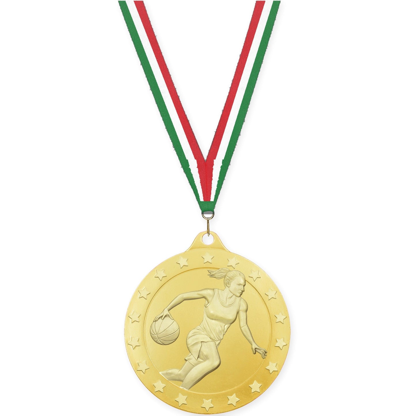 2 3/4 inch female basketball Radiance medal in gold with Green White Red neck ribbon
