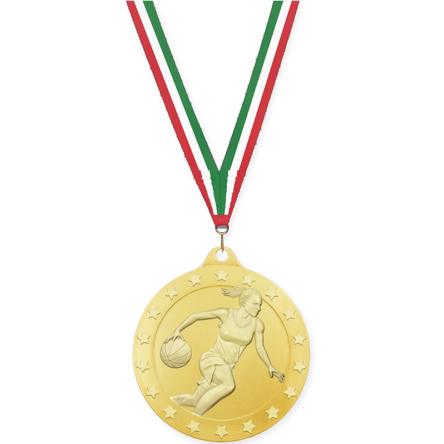2 3/4 inch female basketball Radiance medal in gold with Red White Green neck ribbon